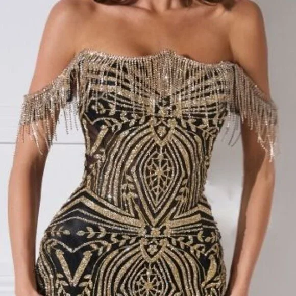 New Black Gold Crystals Embellished Long Ceremonial Gown w/ Fringe Frame CD J908 - Picture 9 of 10